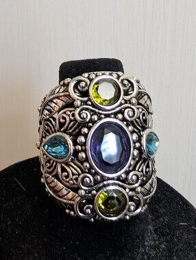 #112. Silver Wide Band Ring With Faux Stones
